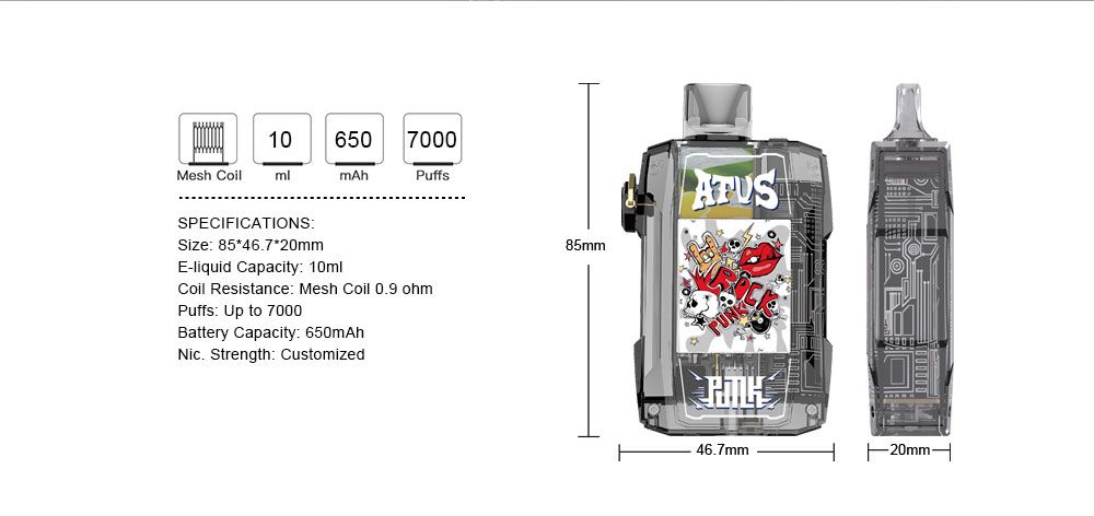 DE012 E-papierosy jednorazówka 7000 Puffs z możliwością ładowania i regulowanym przepływem powietrza ATVS Vape