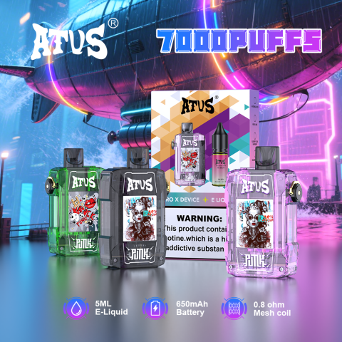 DE012 E-papierosy jednorazówka 7000 Puffs z możliwością ładowania i regulowanym przepływem powietrza ATVS Vape