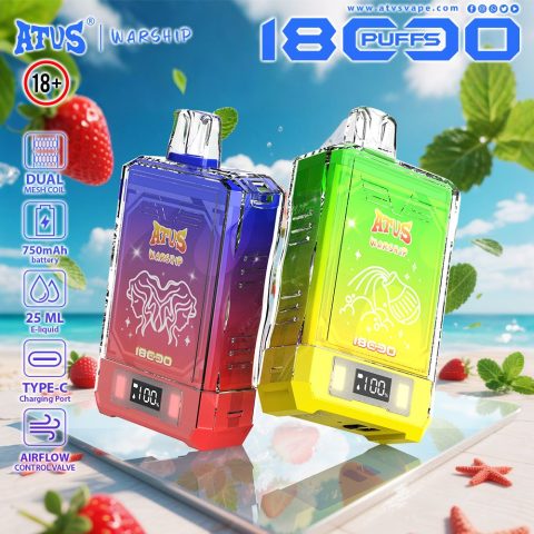 DE015 E-papierosy jednorazówka 18000 Puffs z wyświetlaczem LED i regulowanym przepływem powietrza, ładowany ATVS Vape
