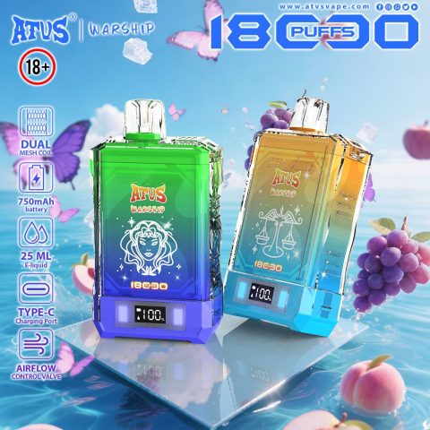 DE015 E-papierosy jednorazówka 18000 Puffs z wyświetlaczem LED i regulowanym przepływem powietrza, ładowany ATVS Vape