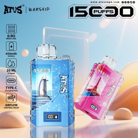 DE017 E-papierosy jednorazówka 15000 Puffs z wyświetlaczem LED i regulowanym przepływem powietrza, ładowany ATVS Vape