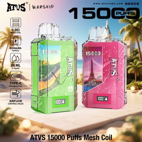 DE017 E-papierosy jednorazówka 15000 Puffs z wyświetlaczem LED i regulowanym przepływem powietrza, ładowany ATVS Vape