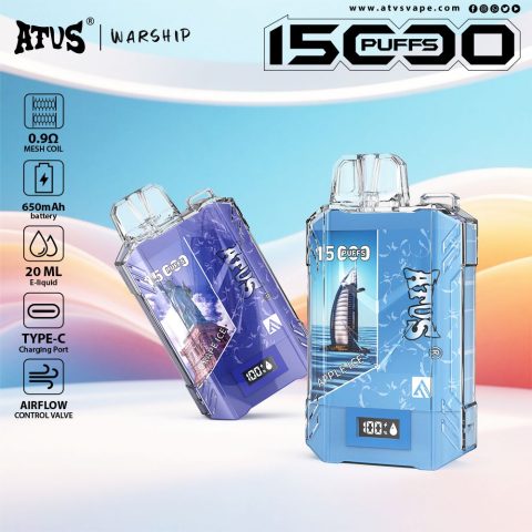 DE017 E-papierosy jednorazówka 15000 Puffs z wyświetlaczem LED i regulowanym przepływem powietrza, ładowany ATVS Vape