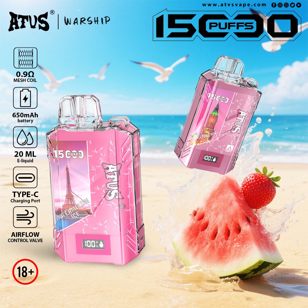 DE017 E-papierosy jednorazówka 15000 Puffs z wyświetlaczem LED i regulowanym przepływem powietrza, ładowany ATVS Vape