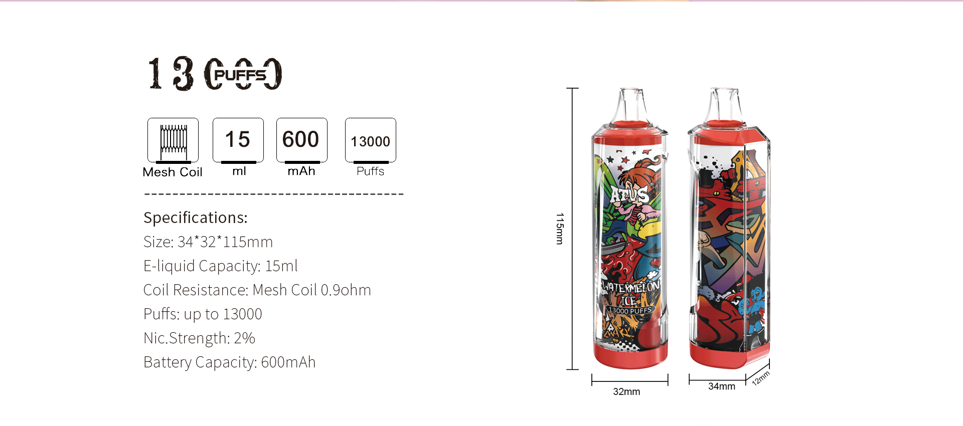 DE018 13000 zaciągnięć Jednorazowy Vape z akumulatorem ATVS Vape