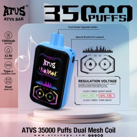 DE022 E-papierosy jednorazówka 35000 Puffs z pełnym ekranem, ładowalny i regulowany przepływ powietrza ATVS Vape