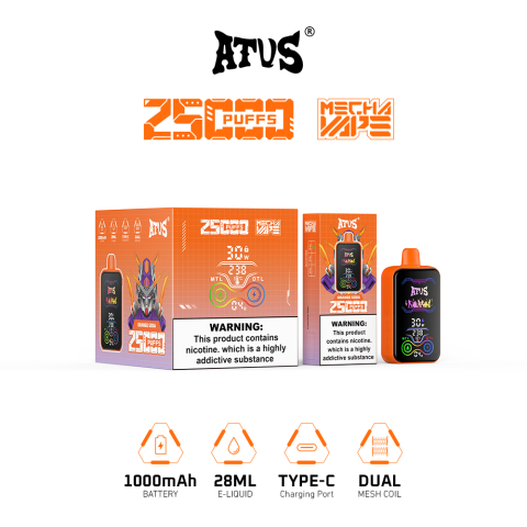 DE022 E-papierosy jednorazówka 25000 Puffs z pełnym ekranem, ładowalny i regulowany przepływ powietrza ATVS Vape