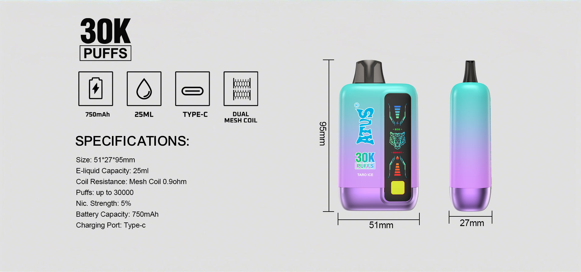 DE026 30000 puffs wepomable vape z ekranem wyświetlającym LED i regulowanym przepływem powietrza ATVS Vape