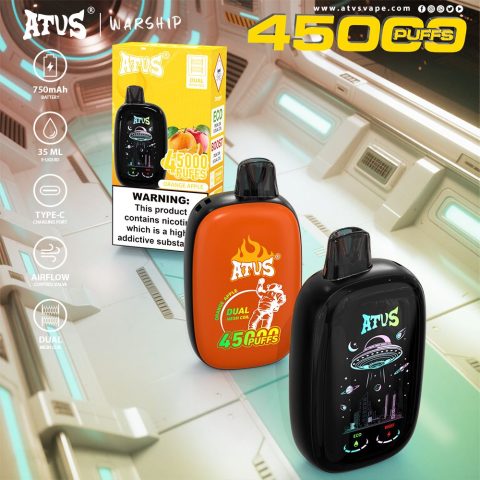 DE027 45000 Puffs Jednorazowy Vape z pełnym ekranem, ładowalny i regulowany przepływ powietrza ATVS Vape