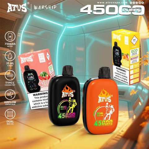 DE027 45000 Puffs Jednorazowy Vape z pełnym ekranem, ładowalny i regulowany przepływ powietrza ATVS Vape