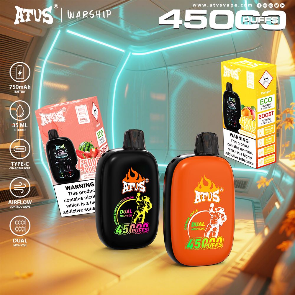 DE027 45000 Puffs Jednorazowy Vape z pełnym ekranem, ładowalny i regulowany przepływ powietrza ATVS Vape