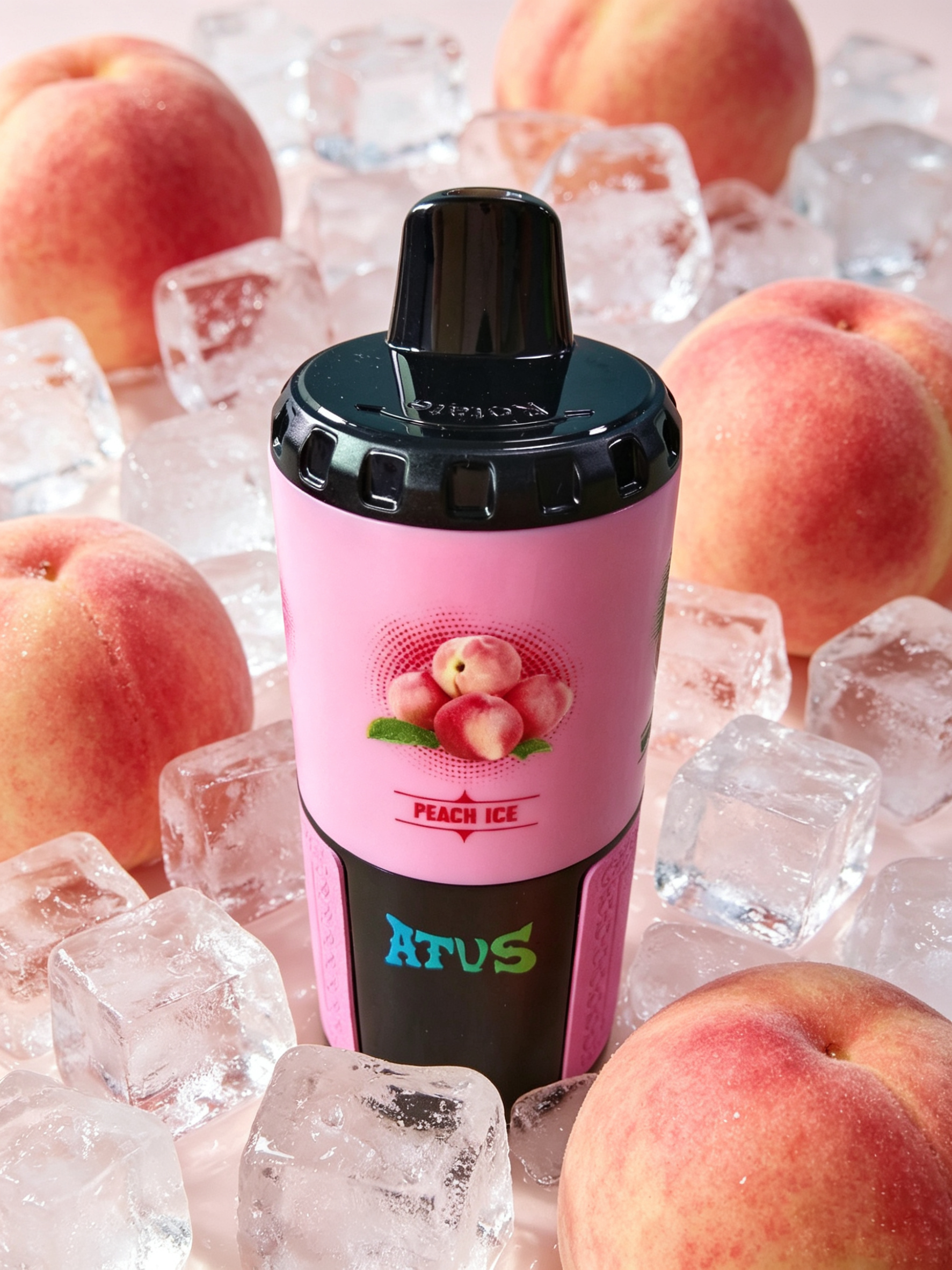 Peach Ice rechargeable vape with ice cubes and fresh peaches